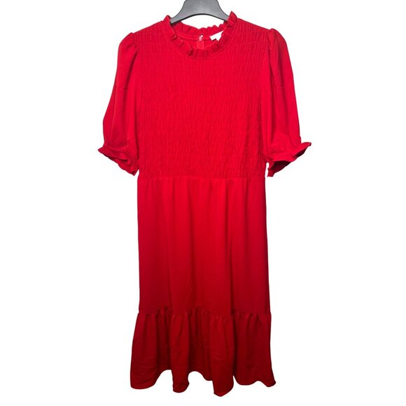 London Times Women's Smocked Bodice Tiered Midi Dress Red Size 12 - Picture 3 of 13